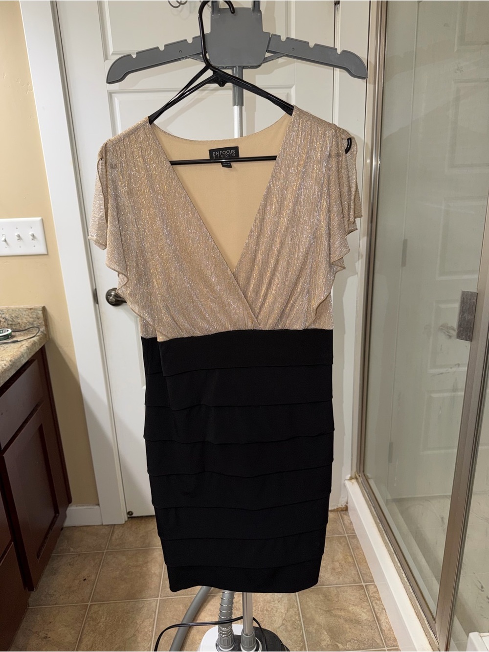 Enfocus Studio Gold Shimmer V-Neck Midi Dress with Black Tiered Skirt
